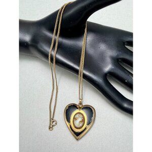 Victorian Heart Locket Cameo & Enamel Necklace Hamilton Gold Filled Antique